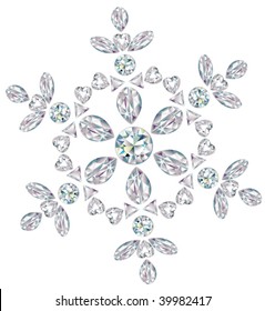 Snowflake made from different cut diamonds isolated on white