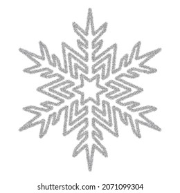 Snowflake. Snowflake made of silver tinsel. Festive ornament. Vector illustration. Isolated white background. A fragile crystal with an intricate shape. Frostwork. Snow flakes. Frozen star. 