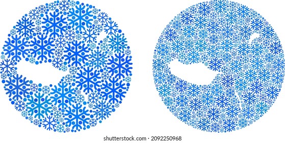 Snowflake Madeira Islands map collage created with circle and cut out shape. Vector Madeira Islands map collage of snow parts in variable sizes and blue color tones. Created for New Year purposes.