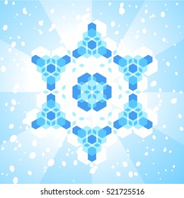 Snowflake magic with a kaleidoscope style design in cool blue winter tones with a symmetrical original pattern in square format, vector illustration