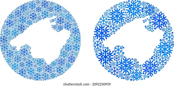 El mosaico de mapa de Mallorca con copo de nieve se forma con un espacio de círculo y substrato. Vector Mallorca mapea mosaicos de copos de nieve de varios tamaños y tonos azules. Creado para la promoción de Año Nuevo.