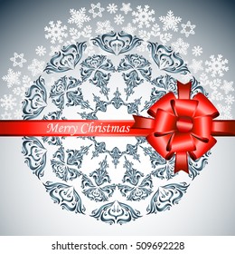 Snowflake Mandala. Holiday greeting with snowflake background. Beautiful festive red bow. Vector illustration