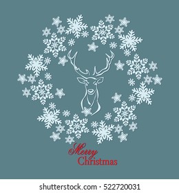 Snowflake Mandala. Holiday greeting with snowflake background.The head of a deer with horns like a logo, emblem. Vector illustration