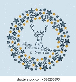 Snowflake Mandala. Holiday greeting with snowflake background.The head of a deer with horns like a logo, emblem. Golden Star. Vector illustration.