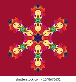 Snowflake - Mandala on Jester Red background. Ornament for Christmas end New Year card winter design.