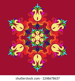 Snowflake - Mandala on Jester Red background. Ornament for Christmas end New Year card winter design.