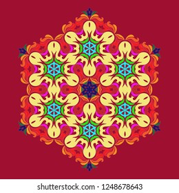 Snowflake - Mandala on Jester Red background. Ornament for Christmas end New Year card winter design.