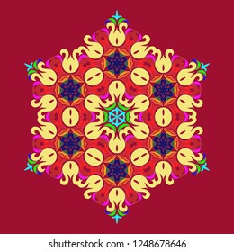 Snowflake - Mandala on Jester Red background. Ornament for Christmas end New Year card winter design.