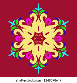 Snowflake - Mandala on Jester Red background. Ornament for Christmas end New Year card winter design.