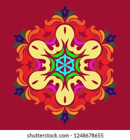 Snowflake - Mandala on Jester Red background. Ornament for Christmas end New Year card winter design.
