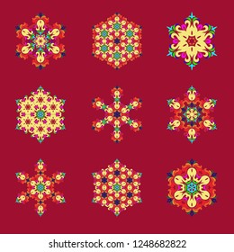 Snowflake - Mandala on Jester Red background. Ornament for Christmas end New Year card winter design.