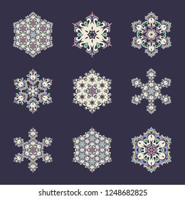 Snowflake - Mandala in pressed rose color on Eclipse background. Ornament for Christmas end New Year card winter design.