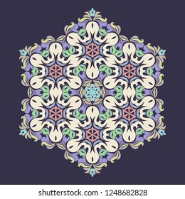 Snowflake - Mandala in pressed rose color on Eclipse background. Ornament for Christmas end New Year card winter design.