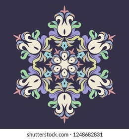 Snowflake - Mandala in pressed rose color on Eclipse background. Ornament for Christmas end New Year card winter design.