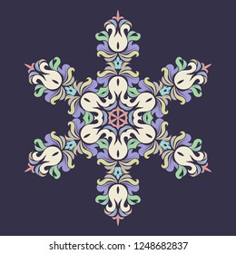 Snowflake - Mandala in pressed rose color on Eclipse background. Ornament for Christmas end New Year card winter design.
