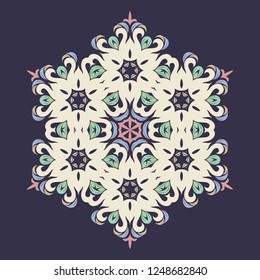 Snowflake - Mandala in pressed rose color on Eclipse background. Ornament for Christmas end New Year card winter design.