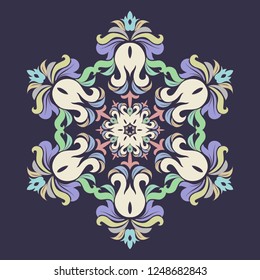 Snowflake - Mandala in pressed rose color on Eclipse background. Ornament for Christmas end New Year card winter design.