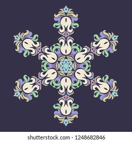 Snowflake - Mandala in pressed rose color on Eclipse background. Ornament for Christmas end New Year card winter design.