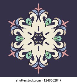 Snowflake - Mandala in pressed rose color on Eclipse background. Ornament for Christmas end New Year card winter design.