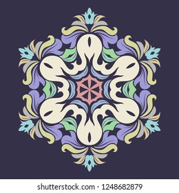 Snowflake - Mandala in pressed rose color on Eclipse background. Ornament for Christmas end New Year card winter design.