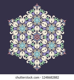 Snowflake - Mandala in pressed rose color on Eclipse background. Ornament for Christmas end New Year card winter design.