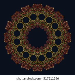 Snowflake, mandala. Round ornament on black background. Yellow and red. Ethnic motive. Indian design mandala. Line esoteric round ornament. Meditation anti stress page. 