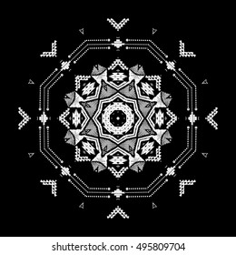 Snowflake. Mandala. Tribal aztec geometric pattern. Round american indian motif in vector. Hand drawn ornate background for fashion design, textile, paper, card and cover. Stylish creative design