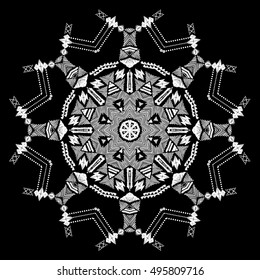 Snowflake. Mandala. Tribal aztec geometric pattern. Round american indian motif in vector. Hand drawn ornate background for fashion design, textile, paper, card and cover. Stylish boho creative design