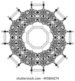 Snowflake. Mandala. Tribal folk aztec geometric pattern in circle. Round american indian motif in vector. Hand drawn ornate background for fashion design, textile, paper, card and cover. 