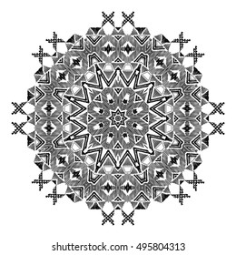 Snowflake. Mandala. Tribal folk aztec geometric pattern in circle. Round american indian motif in vector. Hand drawn ornate background for fashion design, textile, paper, card and cover. 