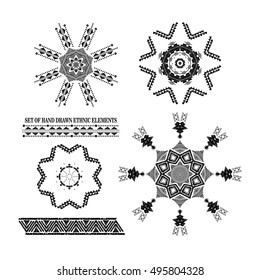 Snowflake. Mandala. Tribal folk aztec geometric pattern in circle. Round american indian motif in vector. Hand drawn ornate background for fashion design, textile, paper, card and cover. 