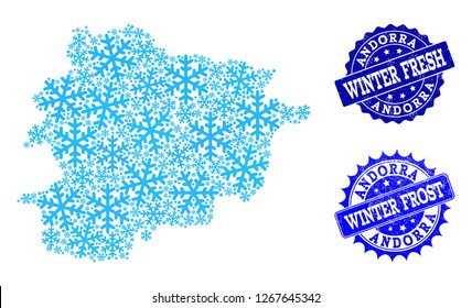 Snowflake map of Andorra and rubber stamp seals in blue colors with Winter Fresh and Winter Frost texts. Mosaic map of Andorra is created with ice elements.
