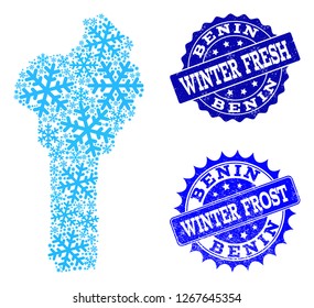 Snowflake map of Benin and scratched stamp seals in blue colors with Winter Fresh and Winter Frost texts. Mosaic map of Benin is composed with ice elements.