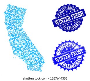 Snowflake map of California and scratched stamp seals in blue colors with Winter Fresh and Winter Frost texts. Mosaic map of California is designed with ice elements.