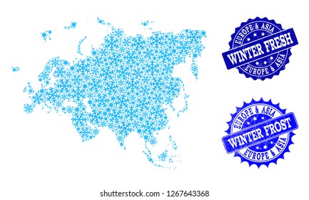 Snowflake map of Europe and Asia and scratched stamp seals in blue colors with Winter Fresh and Winter Frost captions. Mosaic map of Europe and Asia is formed with ice elements.