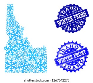 Snowflake map of Idaho State and grunge stamp seals in blue colors with Winter Fresh and Winter Frost titles. Mosaic map of Idaho State is formed with icy parts.