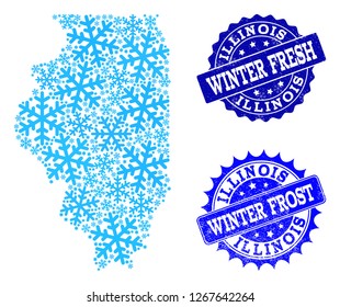 Snowflake map of Illinois State and distress stamp seals in blue colors with Winter Fresh and Winter Frost captions. Mosaic map of Illinois State is created with ice elements.