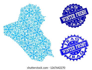Snowflake map of Iraq and rubber stamp seals in blue colors with Winter Fresh and Winter Frost titles. Mosaic map of Iraq is formed with ice elements.