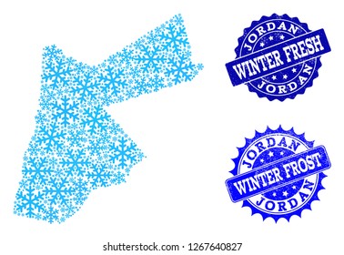 Snowflake map of Jordan and distress stamp seals in blue colors with Winter Fresh and Winter Frost titles. Mosaic map of Jordan is composed with ice elements.