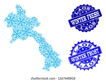 Snowflake map of Laos and rubber stamp seals in blue colors with Winter Fresh and Winter Frost texts. Mosaic map of Laos is composed with ice elements.
