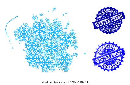 Snowflake map of Micronesia island and distress stamp seals in blue colors with Winter Fresh and Winter Frost captions. Mosaic map of Micronesia island is composed with ice elements.