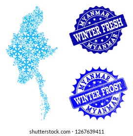 Snowflake map of Myanmar and rubber stamp seals in blue colors with Winter Fresh and Winter Frost titles. Mosaic map of Myanmar is created with ice elements.