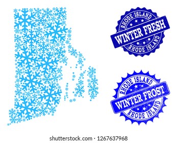 Snowflake map of Rhode Island State and grunge stamp seals in blue colors with Winter Fresh and Winter Frost captions. Mosaic map of Rhode Island State is created with ice elements.