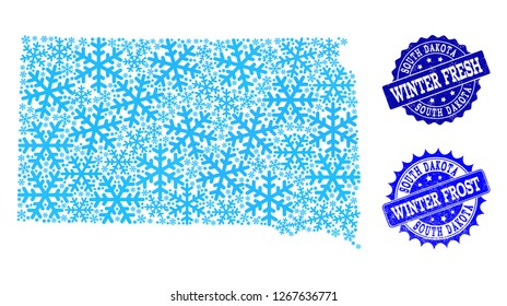 Snowflake map of South Dakota State and rubber stamp seals in blue colors with Winter Fresh and Winter Frost texts. Mosaic map of South Dakota State is formed with ice elements.