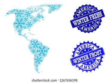 Snowflake map of South and North America and distress stamp seals in blue colors with Winter Fresh and Winter Frost texts. Mosaic map of South and North America is composed with ice elements.