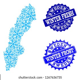 Snowflake map of Sweden and grunge stamp seals in blue colors with Winter Fresh and Winter Frost texts. Mosaic map of Sweden is designed with ice elements.