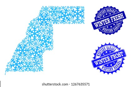 Snowflake map of Western Sahara and rubber stamp seals in blue colors with Winter Fresh and Winter Frost titles. Mosaic map of Western Sahara is created with ice elements.