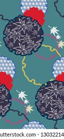 snowflake maple leaves symbol circle ornamental oriental japanese chinese vector design seamless pattern