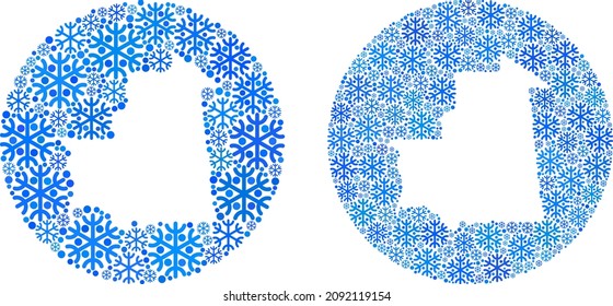 Snowflake Mauritania map mosaic is created with sphere and cut out shape. Vector Mauritania map mosaic of snowflake items in various sizes and blue color tinges. Created for winter news.