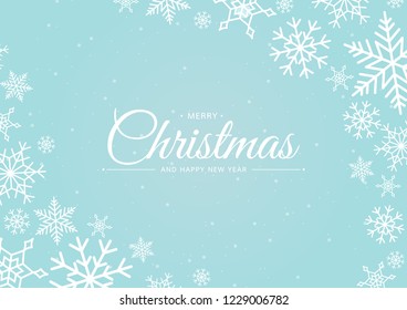 Snowflake Merry Christmas on blue background. Cute text design for welcome winter. Vector illustration